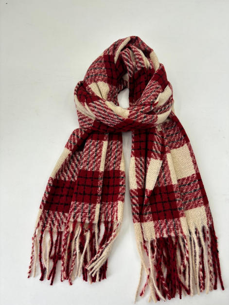 Soft red and cream plaid woven scarf with fringe ends, loosely knotted on white background