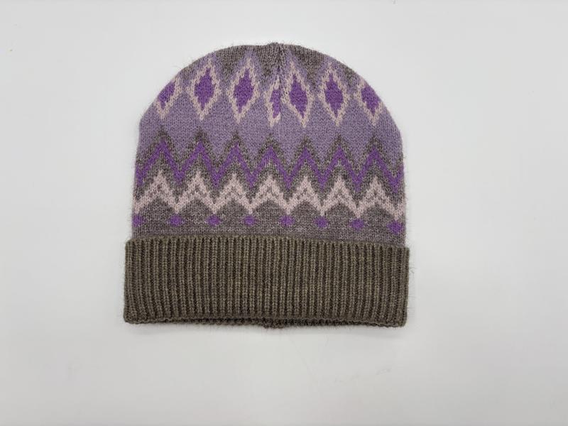 Knitted beanie hat with purple and grey Fair Isle diamond and chevron pattern with ribbed cuff