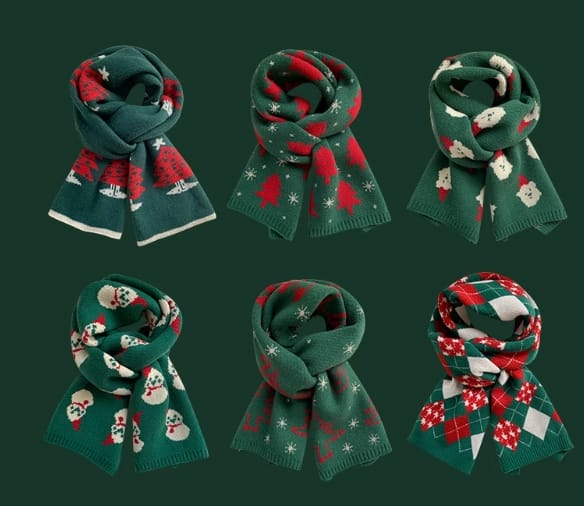 Six green and red knitted Christmas scarves with holiday patterns including trees, snowmen, reindeer, snowflakes, and argyle designs