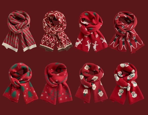 Eight red knitted Christmas scarves with holiday patterns including reindeer, snowmen, Santa, snowflakes, and Christmas trees on dark red background