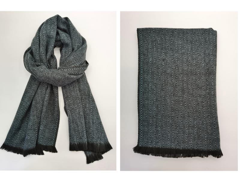 Teal and grey herringbone pattern woven scarf wrap with black fringe trim, shown draped and folded