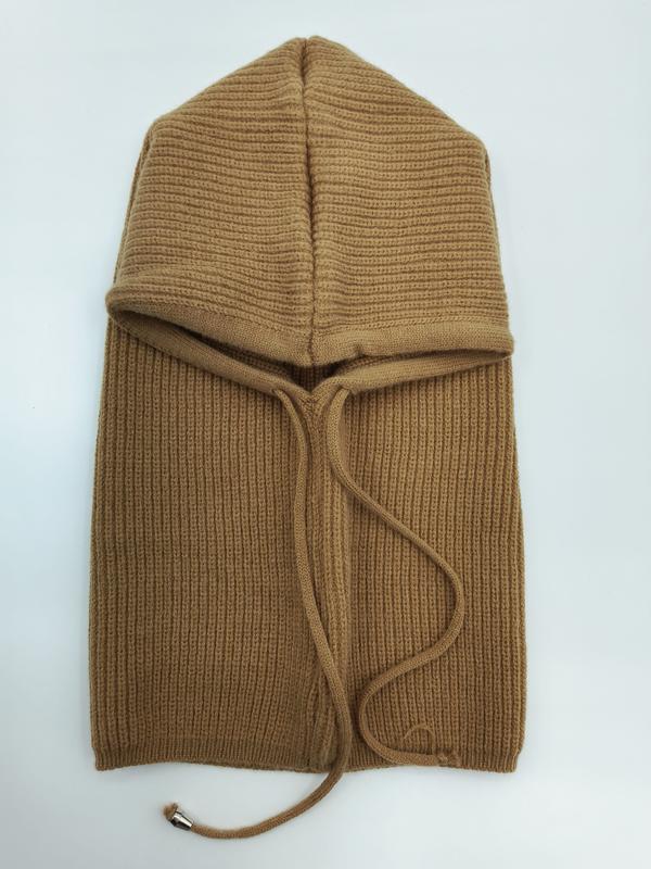 Camel brown ribbed knit balaclava with waffle-texture hood and adjustable drawstring, laid flat on white background