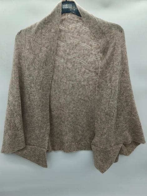 Taupe beige fine knit open front shrug cardigan with pointelle lace pattern and batwing sleeves on hanger