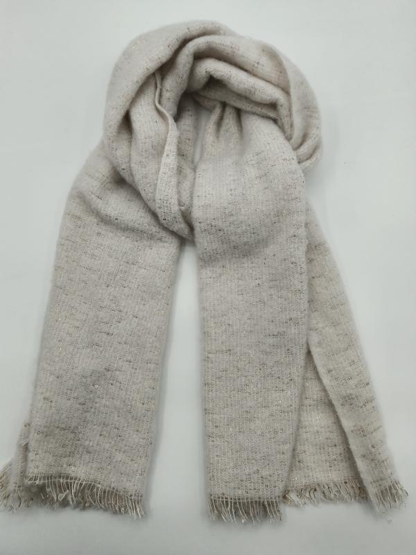 Soft ivory beige woven wrap scarf with subtle sequin embellishments and delicate fringe hem, folded on white background