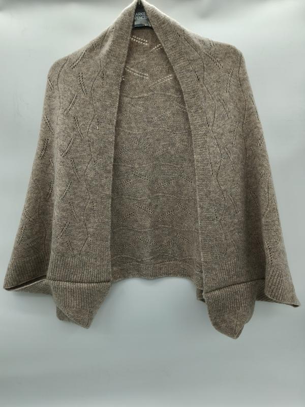 Taupe beige pointelle knit open front shrug cardigan with diamond lace pattern and ribbed cuffs on hanger