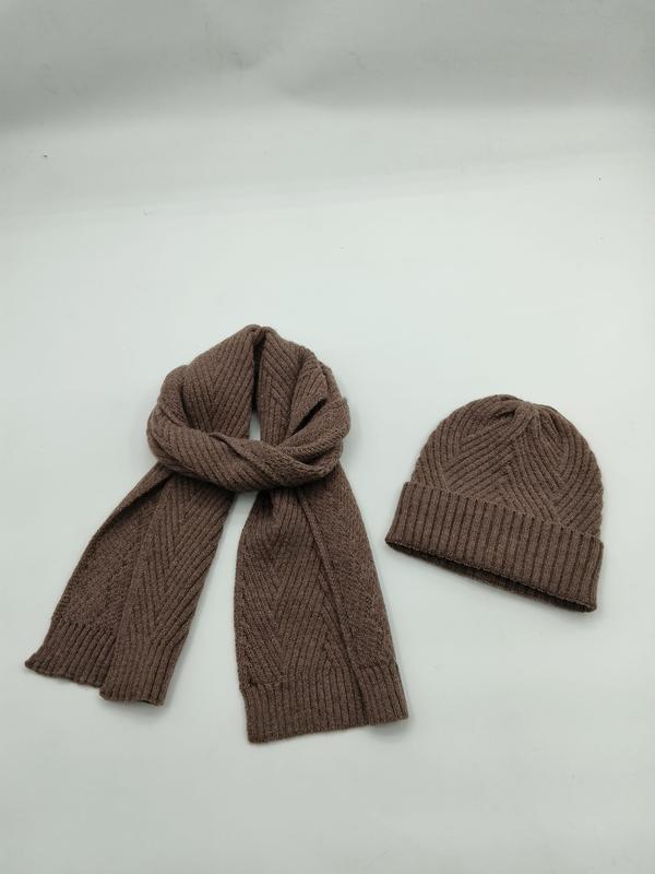 Brown ribbed knit winter scarf and matching beanie hat set displayed on white background, featuring chevron texture pattern