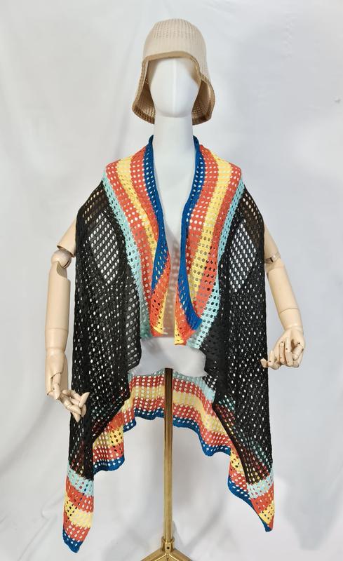 Mannequin wearing black and multicolor striped crochet mesh open-front vest with blue, orange, yellow, and teal stripes
