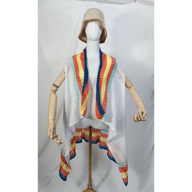 White crochet mesh kimono vest with rainbow multicolor striped border displayed on mannequin with beige bucket hat