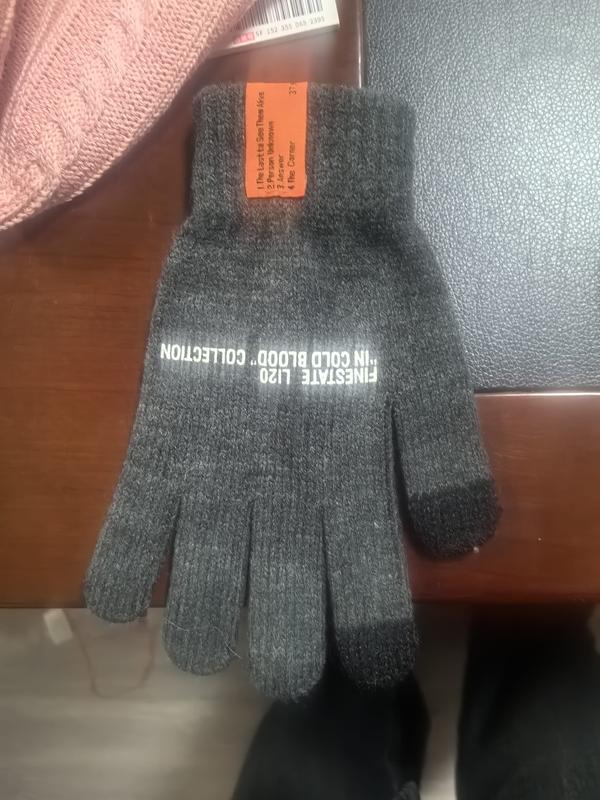 Dark grey marl knitted full-finger winter gloves with white text print and touchscreen-compatible fingertips, shown flat on display
