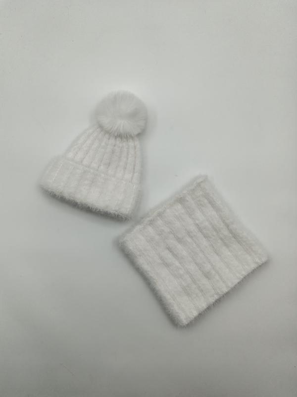 White fuzzy ribbed knit winter beanie hat with pom-pom and matching neck gaiter snood set on white background