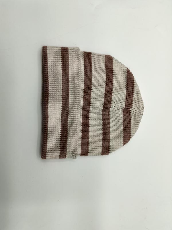 Folded ribbed knit beanie hat with brown and cream horizontal stripes on white background