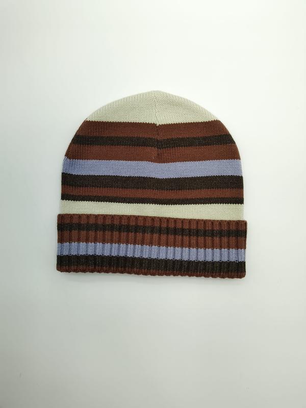Folded cuffed knit beanie hat with horizontal stripes in cream, rust brown, dark chocolate, and periwinkle blue