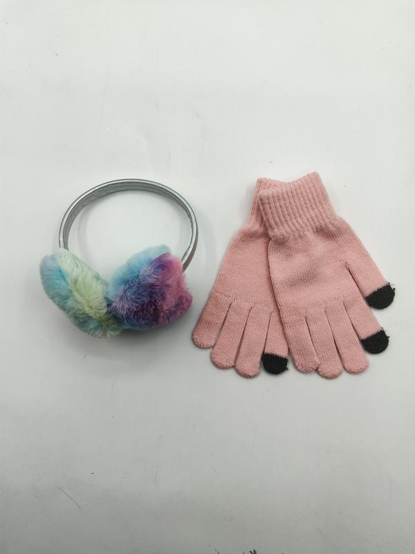 Colorful tie-dye faux fur earmuffs with silver headband and pink knit touchscreen gloves laid flat on white background